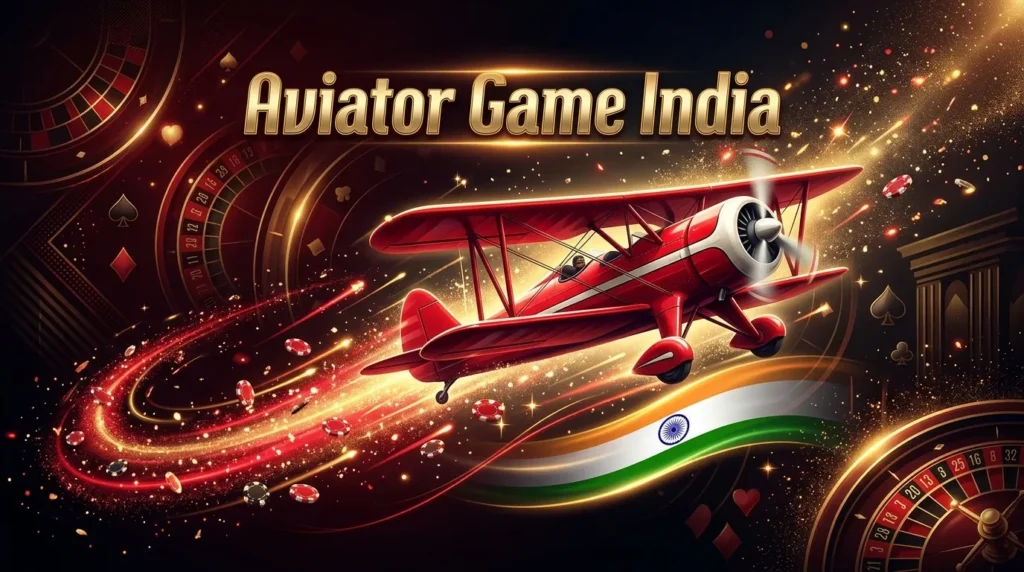 Red biplane flying through golden sparks and casino elements with roulette wheels and poker chips, Indian flag colors, text 'Aviator Game India