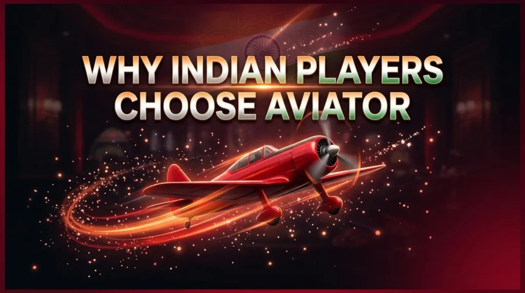 Red airplane with glowing light trails and sparkling particles, large text 'WHY INDIAN PLAYERS CHOOSE AVIATOR